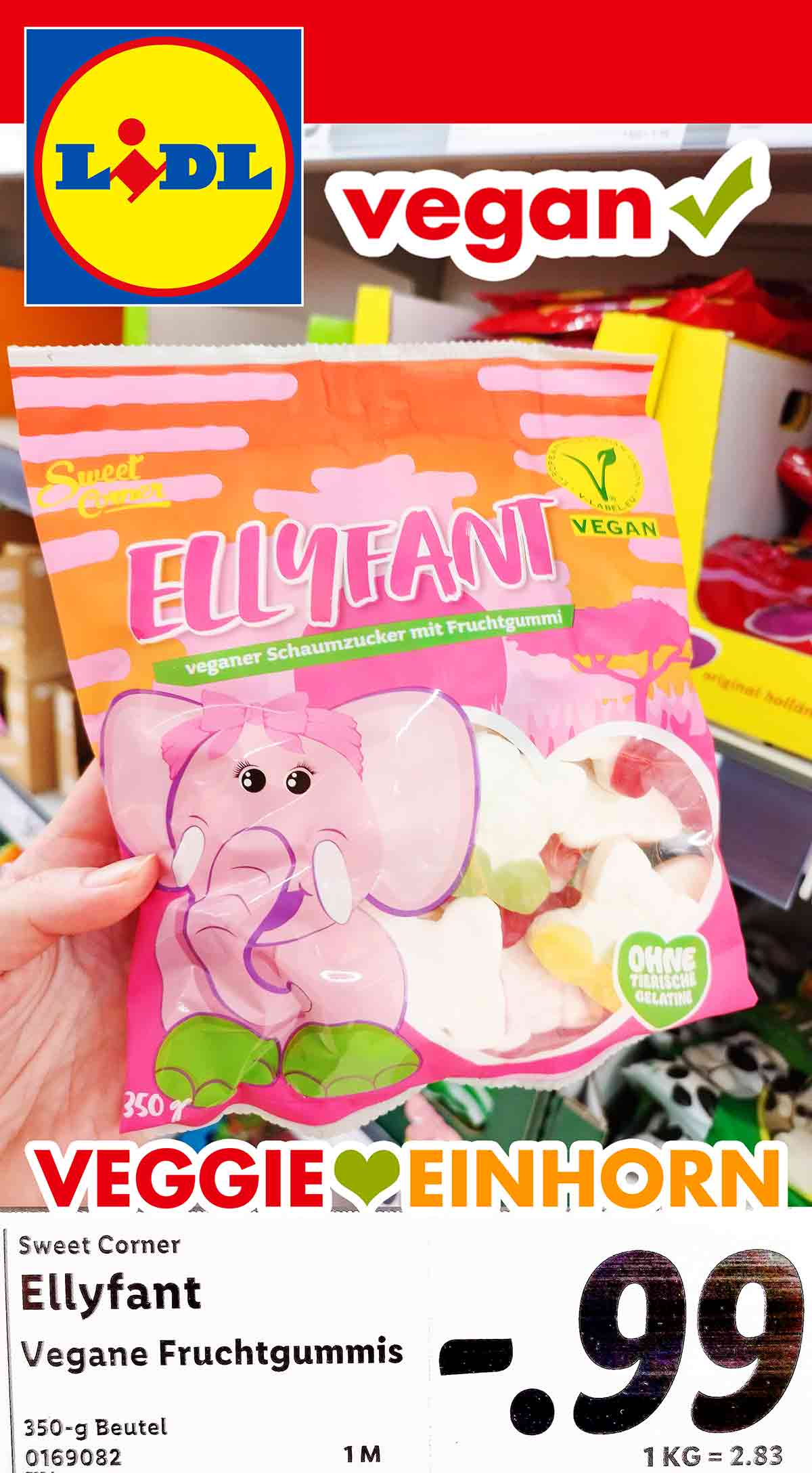 Die veganen Fruchtgummis Ellyfant von Lidl kosten 99 Cent. Eine Packung Ellyfant im Lidl