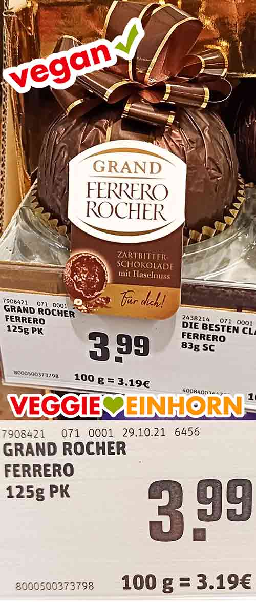 Das Grand Ferrero Rocher Zartbitter kostet 3,99 Euro. Grand Ferrero Rocher Zartbitter mit Preisschild