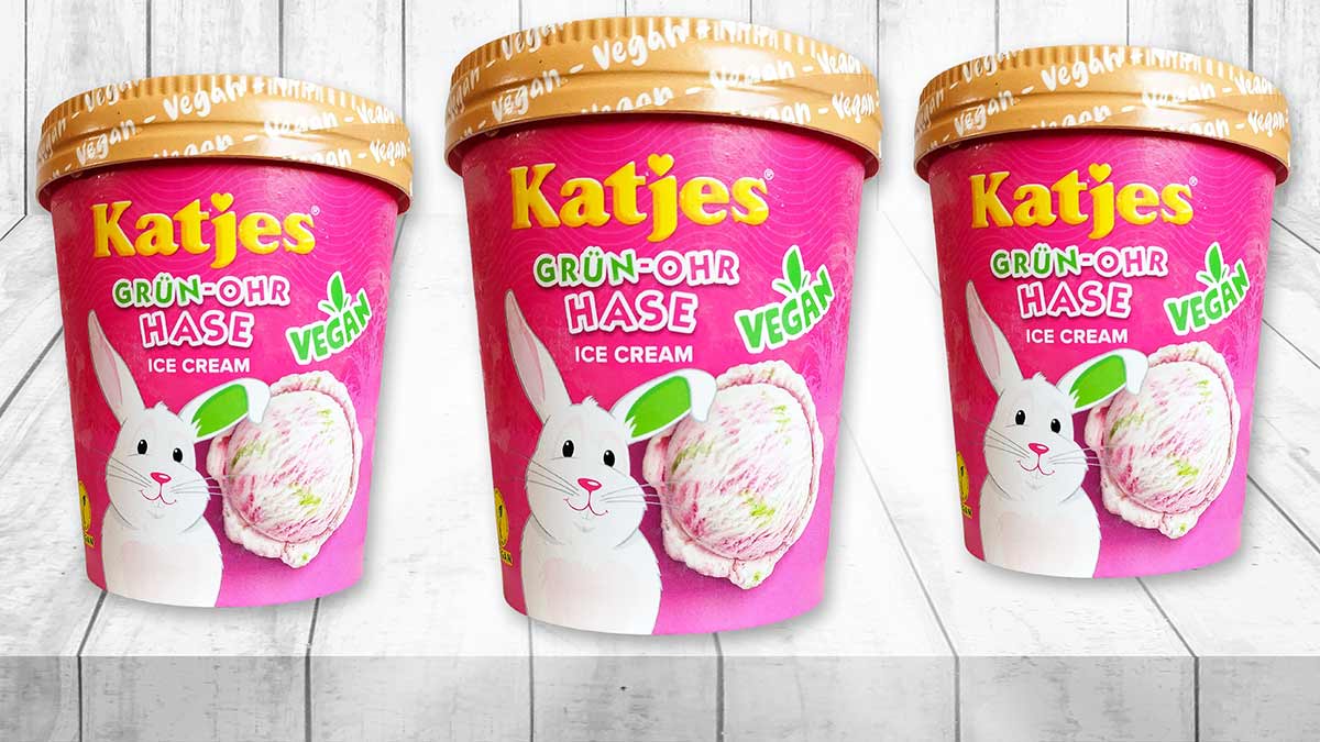 Die Grünohrhasen Eiscreme von Katjes ist vegan. Katjes Grün-Ohr-Hasen Eis