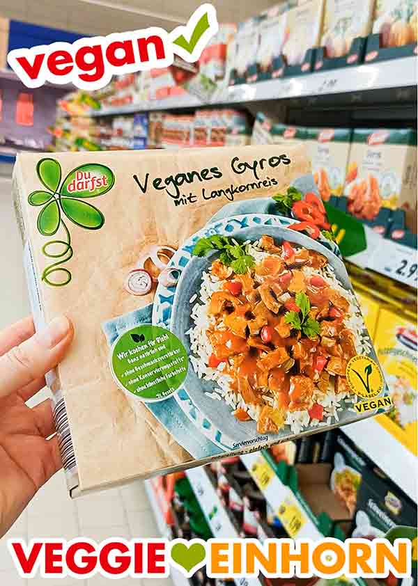 Das vegane Fertiggericht von Du Darfst gibt es im Supermarkt. Eine Packung veganes Gyros von Du Darfst im Supermarkt