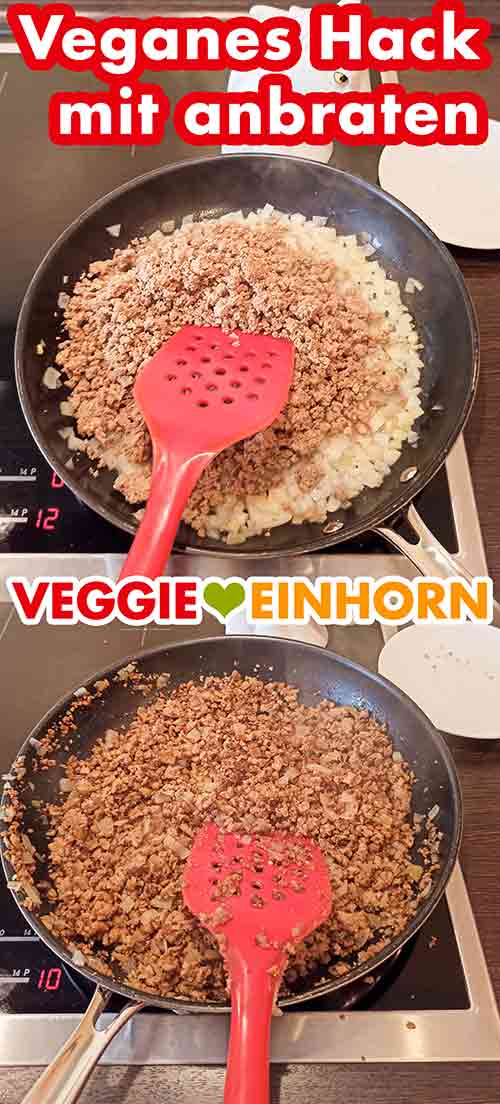 Das vegane Hack wird mit den Zwiebeln angebraten Anbraten des veganen Hacks in der Pfanne