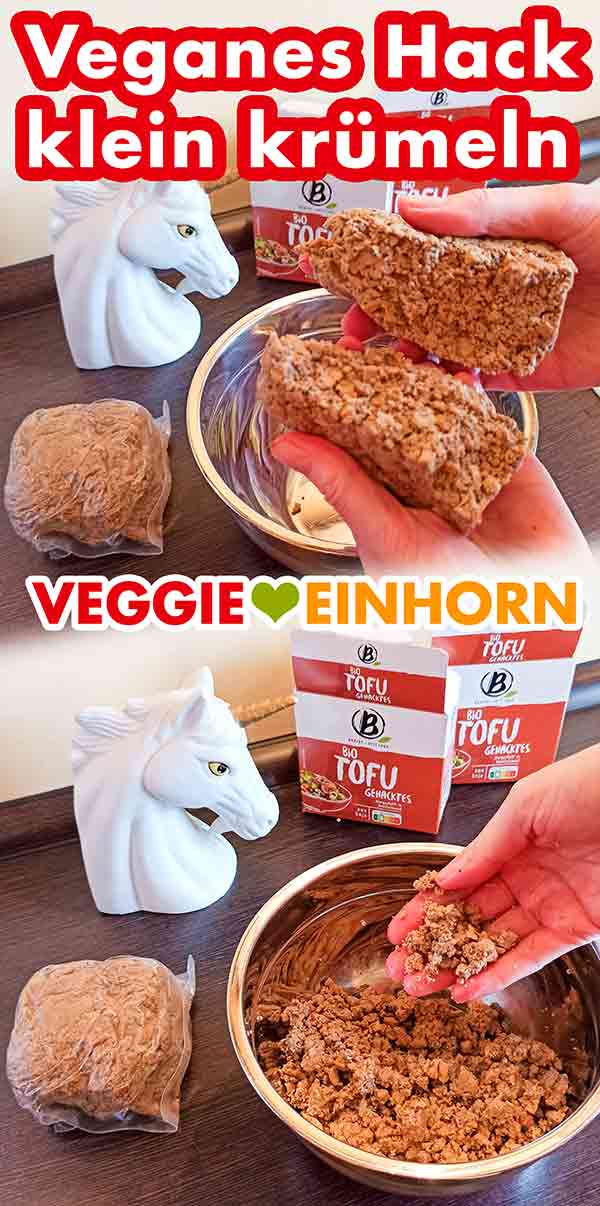 Das vegane Tofu Hack von Berief mit den Händen klein krümeln Veganes Hackfleisch zerkrümeln