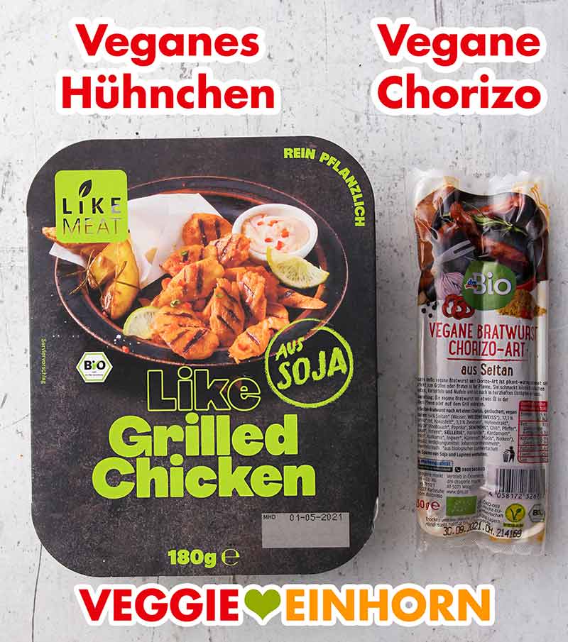 Veganes Hühnchen von Like Meat und vegane Chorizo von dm Bio Veganes Hähnchenfleisch und vegane Chorizo Wurst