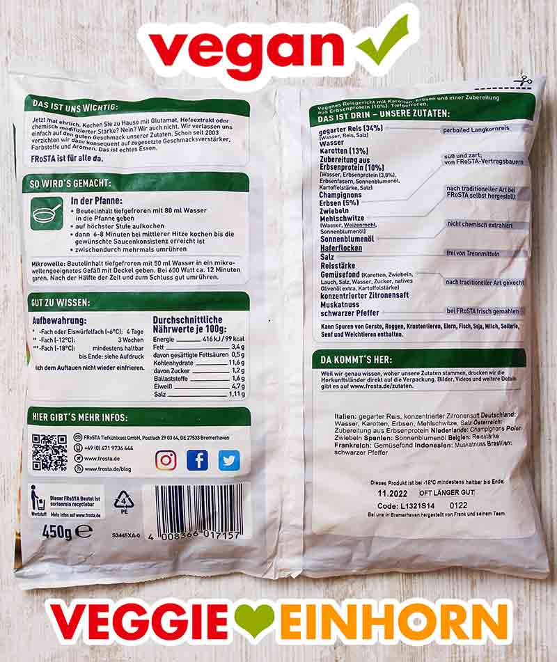 So sieht der Beutel des Frosta Veggie Hühnerfrikassees von hinten aus. Rückseite der Packung des veganen Hühnerfrikassees von Frosta