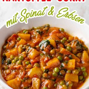 Veganes Kartoffel Curry mit Blattspinat, Erbsen und Tomaten