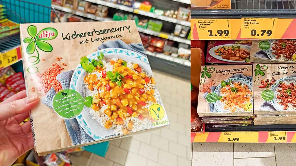 Das Kichererbsencurry von Du Darfst ist ein veganes Fertiggericht. Veganes Kichererbsencurry von Du Darfst im Penny
