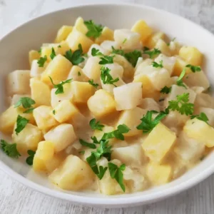 Veganes Kohlrabi-Kartoffel-Gemüse in cremiger Soße, bestreut mit frischer Petersilie.