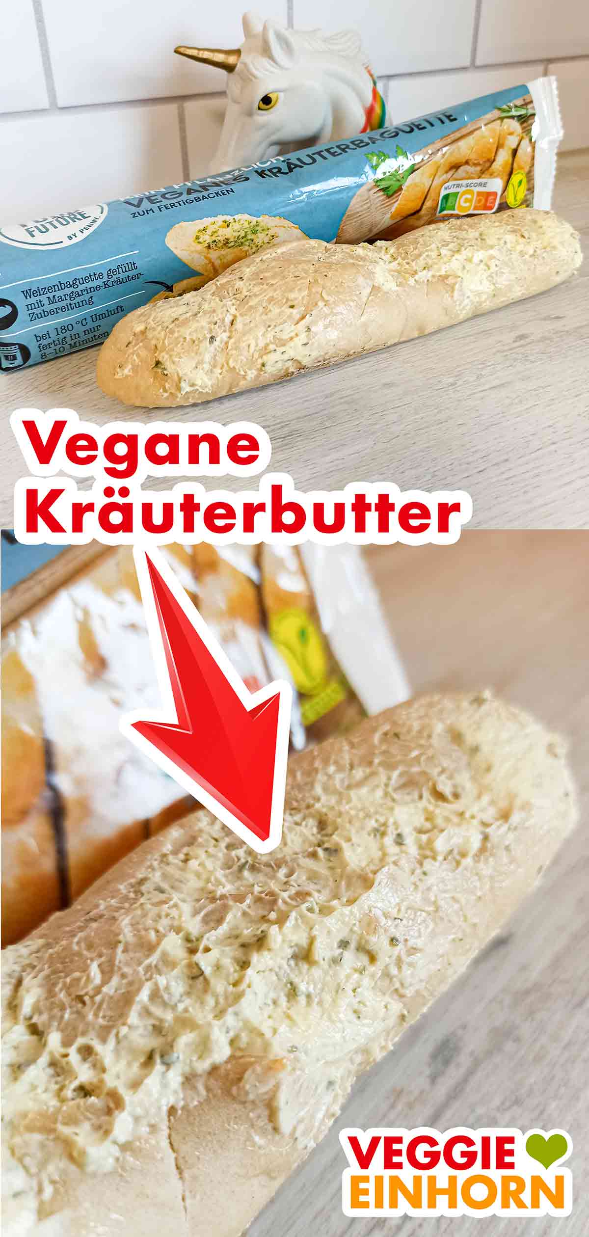 Das vegane Kräuterbaguette von Penny ist mit veganer Kräuter Butter gefüllt. Vegane Kräuterbutter auf dem veganen Kräuterbaguette von Penny
