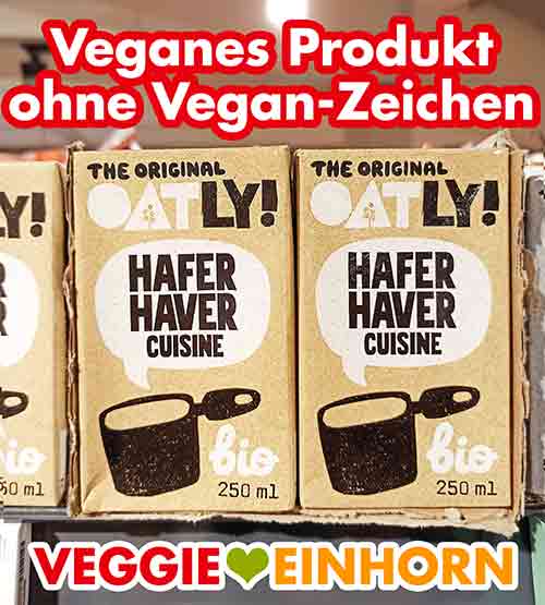 Oatly Hafersahne ist ein veganes Produkt ohne Vegan Zeichen auf der Packung. Oatly Hafer Cuisine im Supermarkt Regal