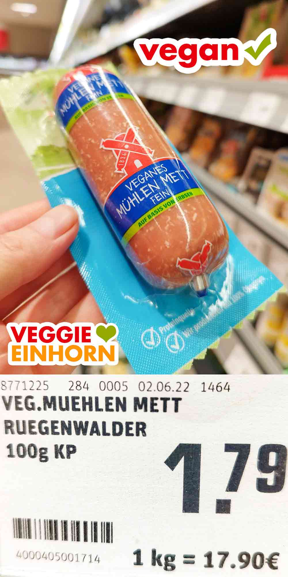 Bei Rewe hat das vegane Mett von Rügenwalder 1,79 Euro gekostet. Eine Packung veganes Mühlen Mett Fein im Supermarkt