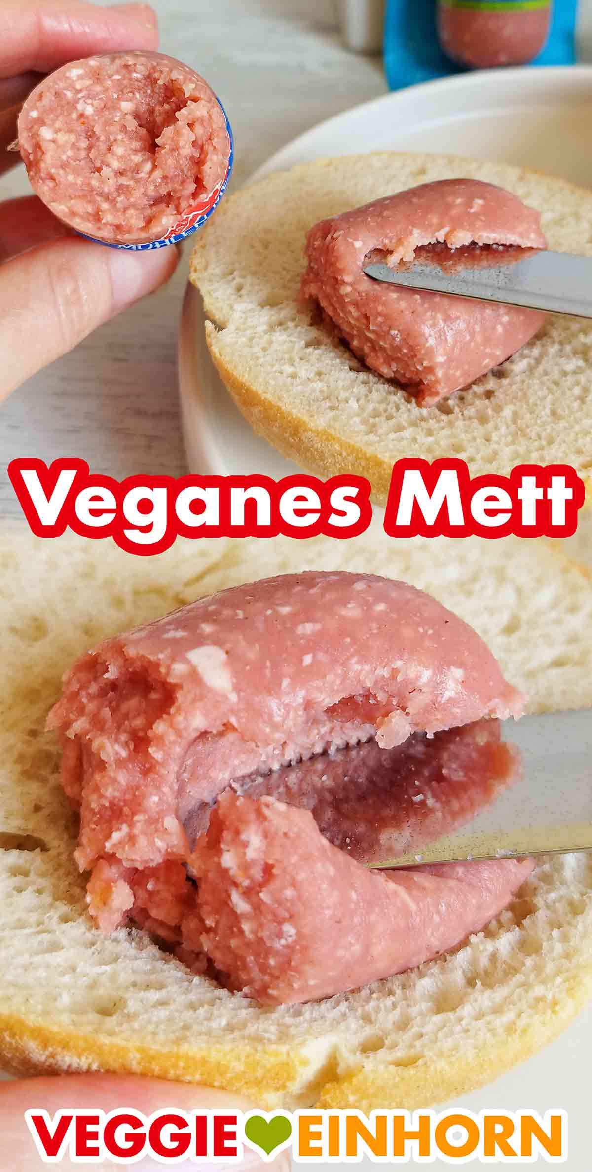 Mettbrötchen mit veganem Zwiebelmett von Rügenwalder Mühle Veganes Mühlen Mett von Rügenwalder auf einer Brötchenhälfte