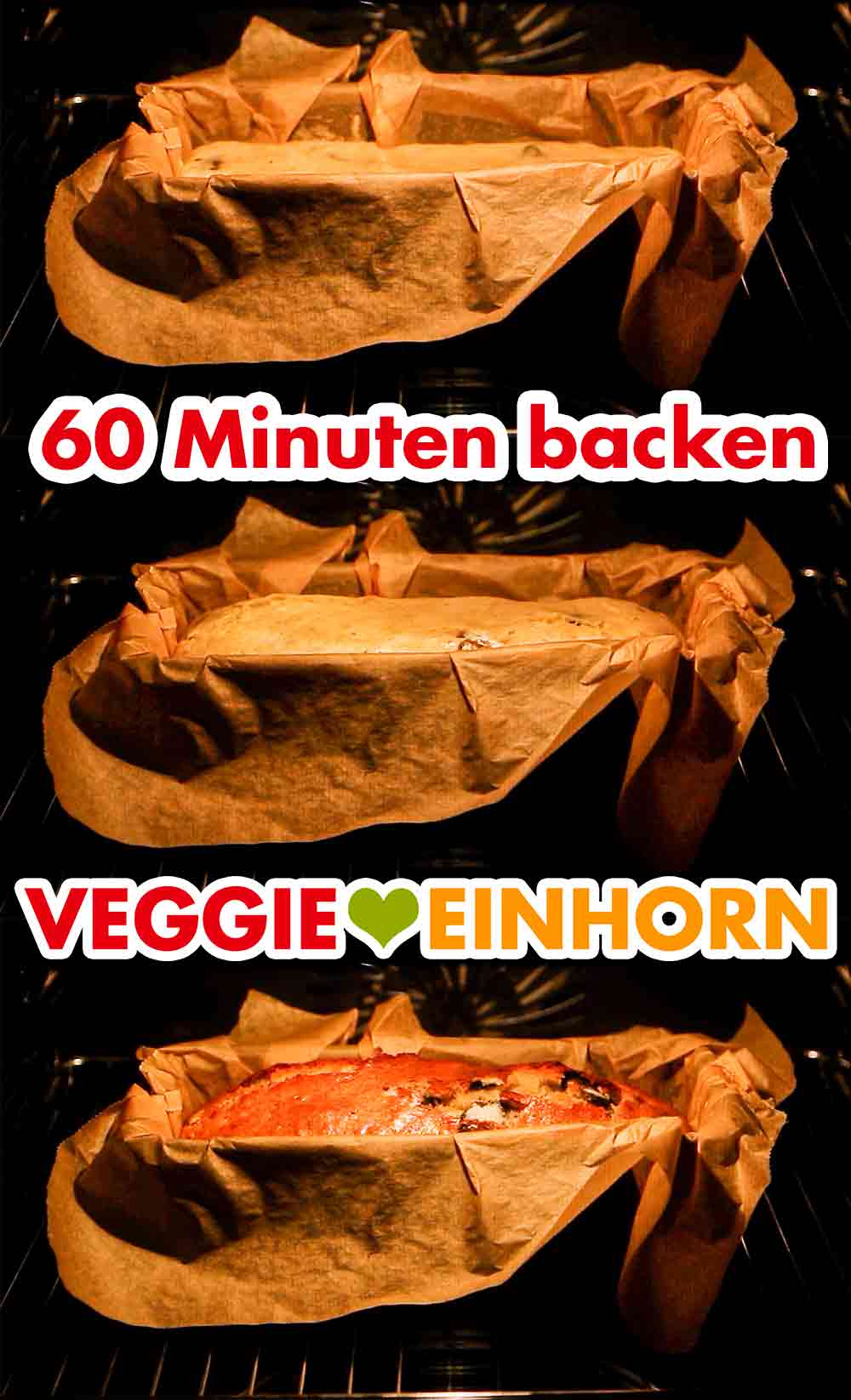 Bei 180 °C Ober-Unterhitze 60 Minuten backen. Veganes Oreo-Bananenbrot im Backofen