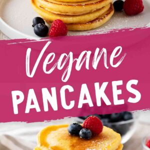 Pinterest-Pin für ein veganes Pancakes Rezept: Zwei Bilder von fluffigen Pancakes, garniert mit frischen Beeren und Puderzucker, dazwischen der Schriftzug 'Vegane Pancakes' auf einem pinken Hintergrund. Unten im Pin befindet sich das Logo von 'Veggie Einhorn'.