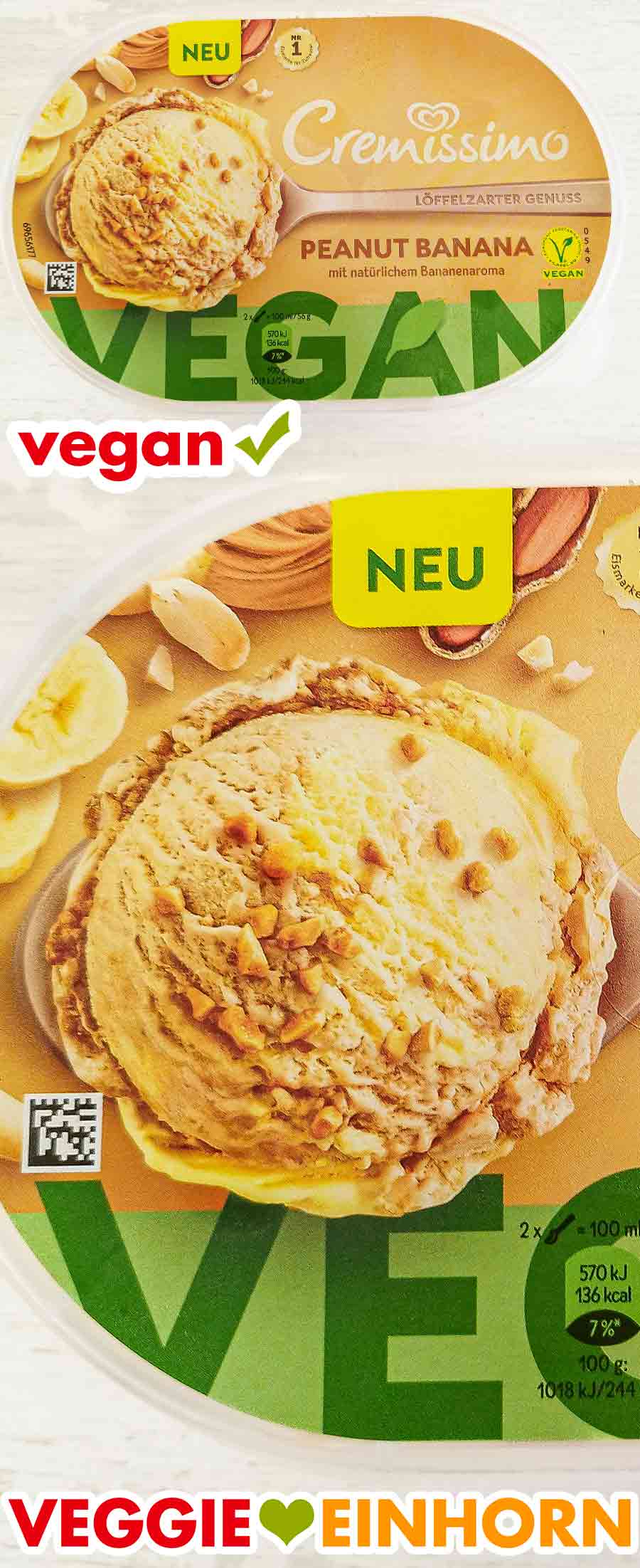 Auf der Packung ist ein Vegan Logo. Nahaufnahme der Packung Cremissimo Peanut Banana Vegan.