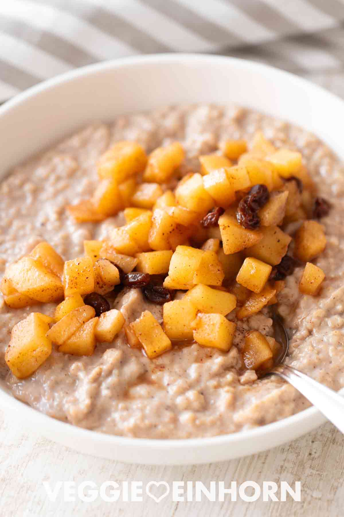 Veganer Apfel-Zimt-Porridge mit Apfelstücken und Rosinen in einer weißen Schüssel.