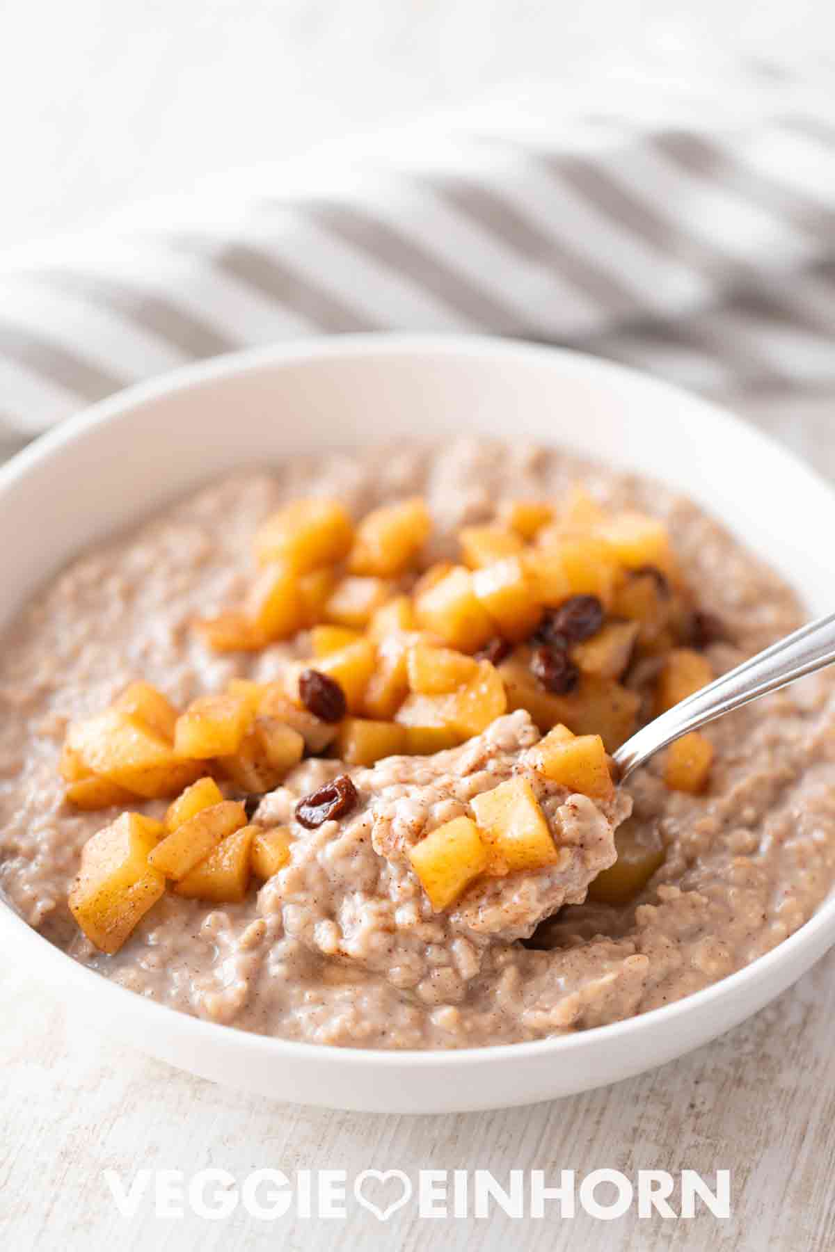 Veganer Apfel-Zimt-Porridge mit Apfelstückchen und Rosinen, ein Löffel mit Porridge wird aus der Schüssel gehoben.