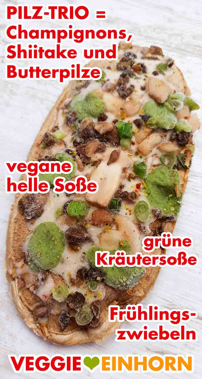 Der tiefgekühlte Brotfladen mit veganem Belag. Das tiefgefrorene vegane Rustipani