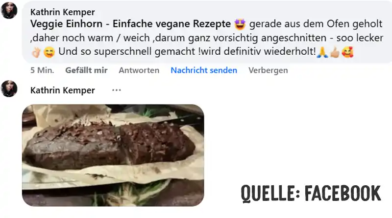 Screenshot eines Facebook Kommentars über einem Foto von veganem Schokobananenbrot auf einem Stück Backpapier.