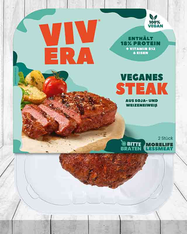 Eine Packung veganes Steak von Vivera.