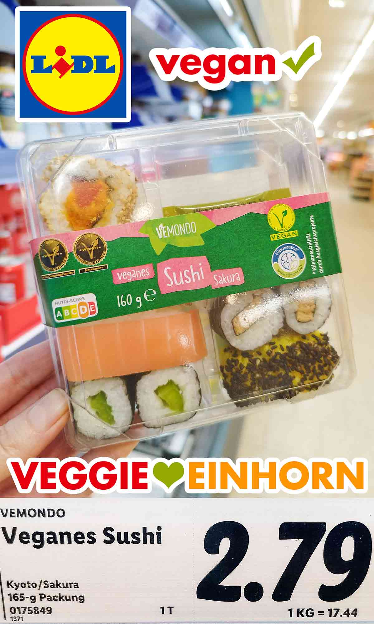 Der Preis für das vegane Sushi von Lidl Vemondo war 2,79 Euro. Lidl Vemondo Veganes Sushi Sakura Preis
