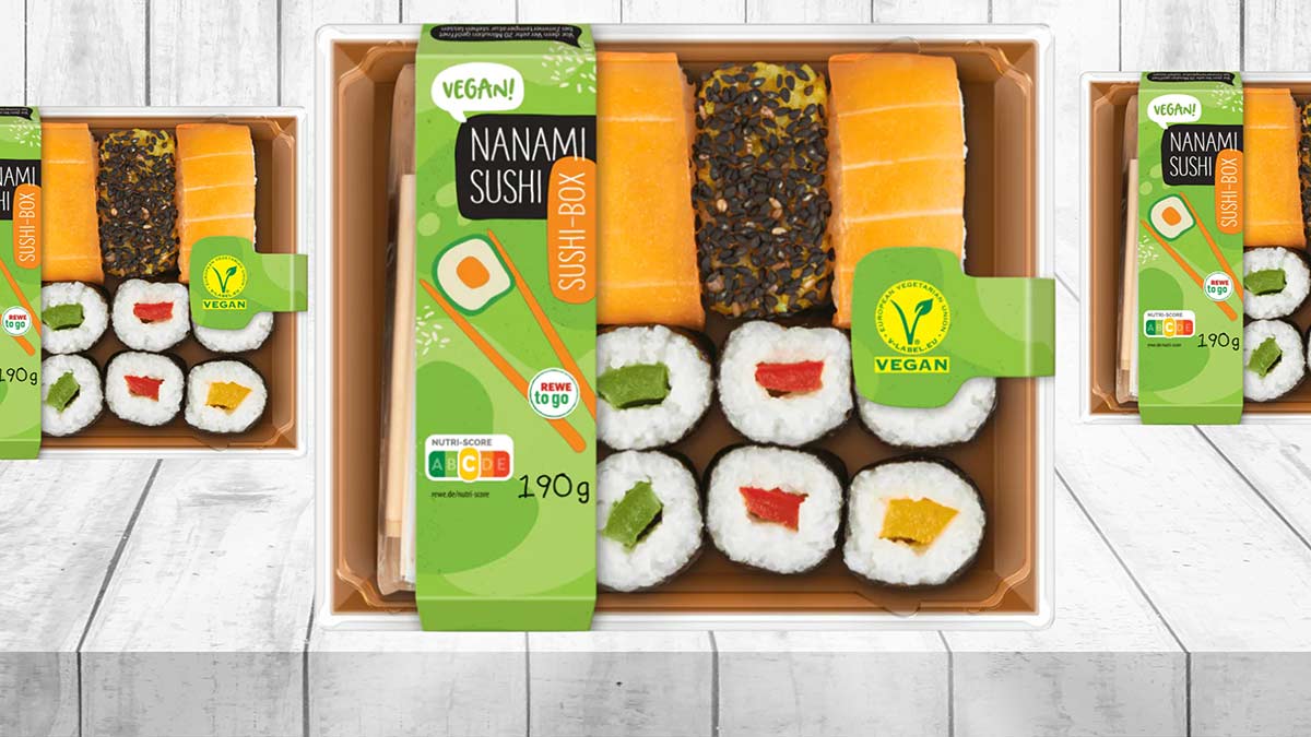 Die vegane Nanami Sushi Box von Rewe to go enthält 9 Stück. Veganes Sushi von Rewe