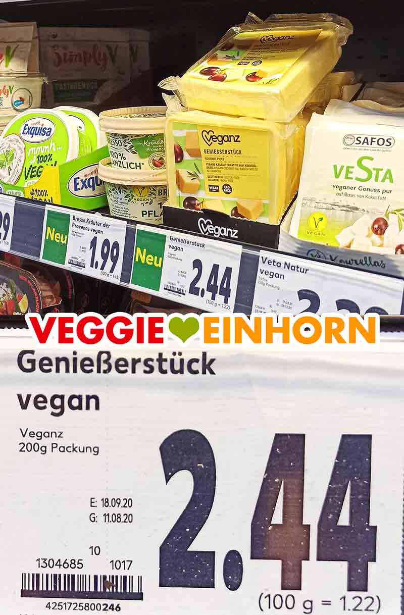 Das Veganz Genießerstück hat bei Kaufland 2,44 Euro gekostet. Veganz Genießerstück und Preisschild