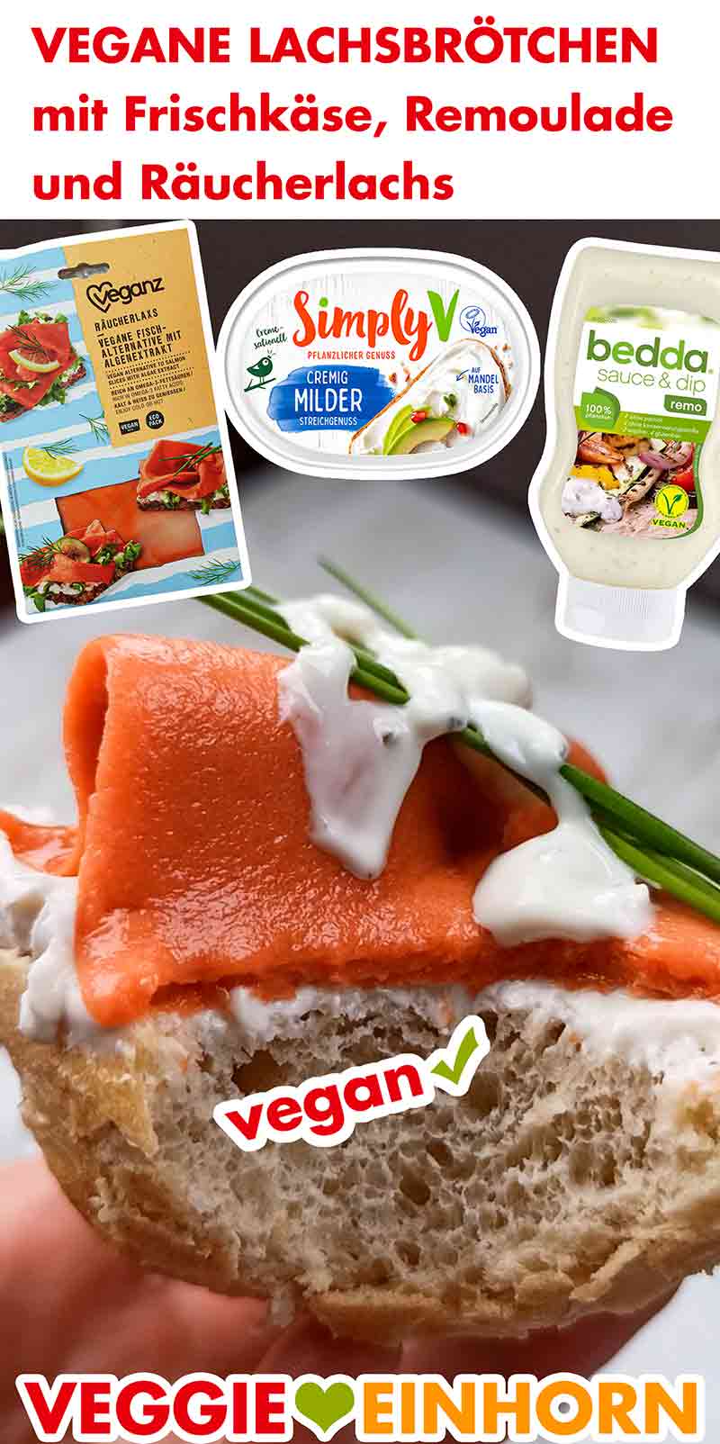 Der vegane Lachs von Veganz hat eine zarte Konsistenz. Angebissenes veganes Räucherlachs Brötchen