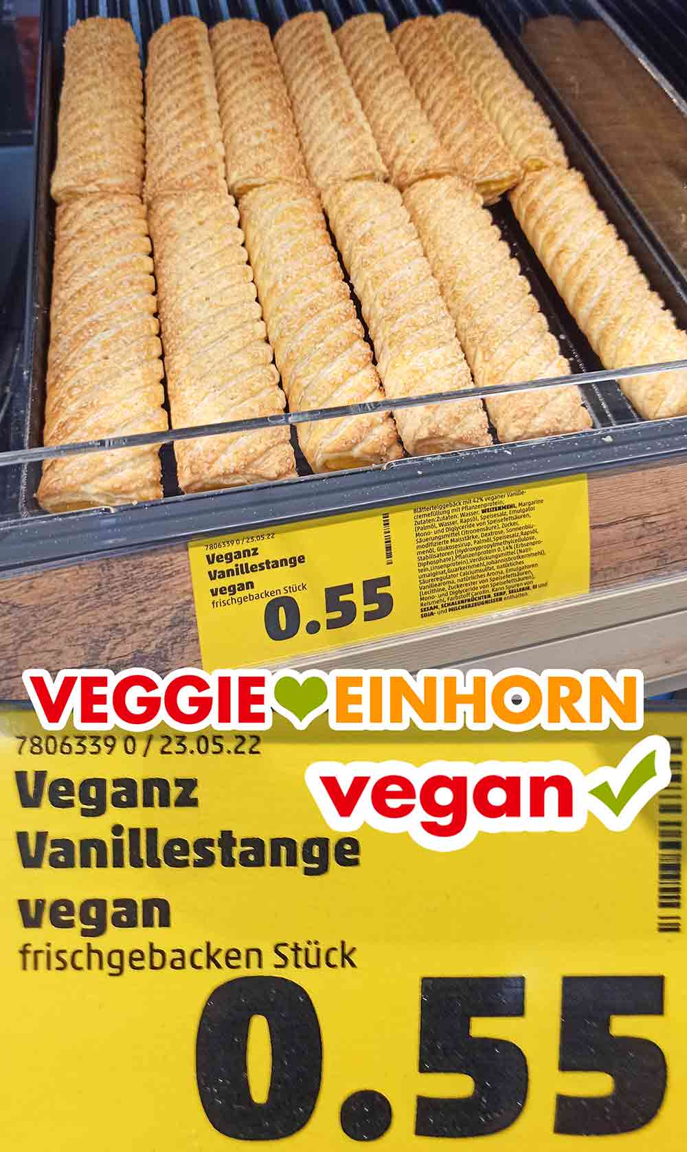 Bei Penny kosten die veganen Vanillestangen von Veganz 0,55 Euro. Veganz Vanillestangen bei Penny