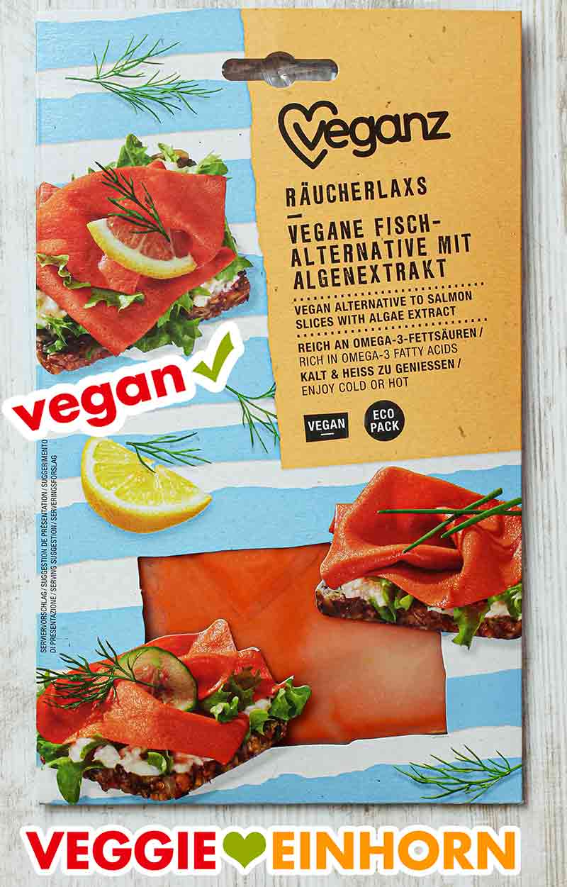 Der Räucherlachs von Veganz ist ein veganer Fisch Ersatz. Eine Packung Veganz Räucherlachs