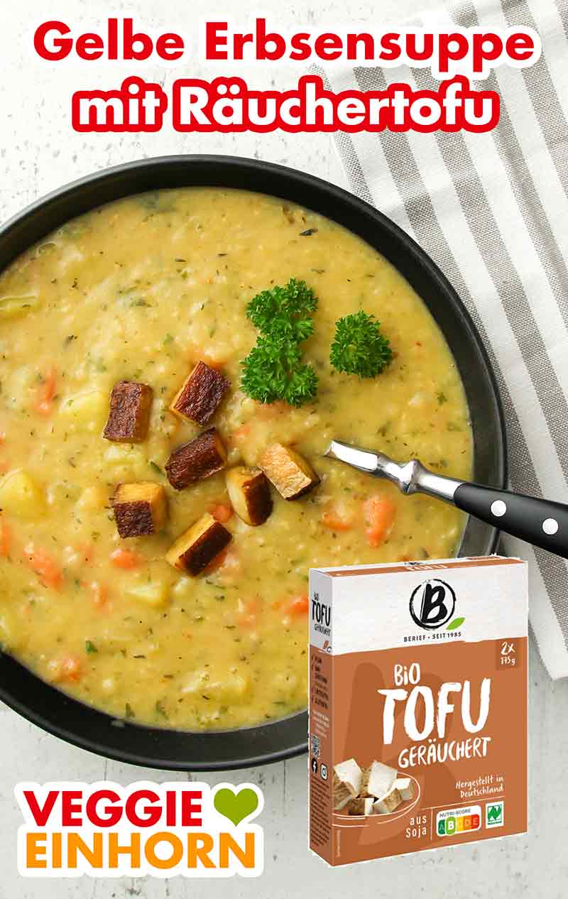 Erbsensuppe mit Schälerbsen und Räuchertofu Vegetarische Erbsensuppe mit Räuchertofu