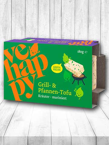 Eine Packung vehappy Grill- und Pfannen-Tofu mit Kräutern