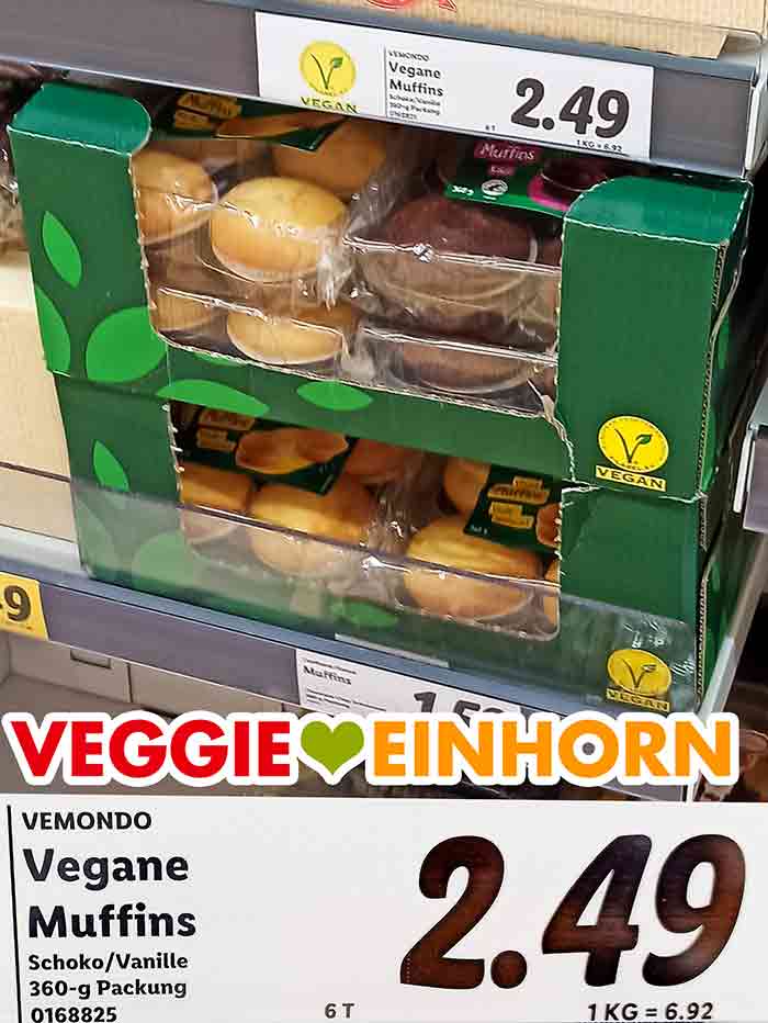 Der Preis ist 2,49 Euro für 4 vegane Muffins. Vegane Muffins bei Lidl