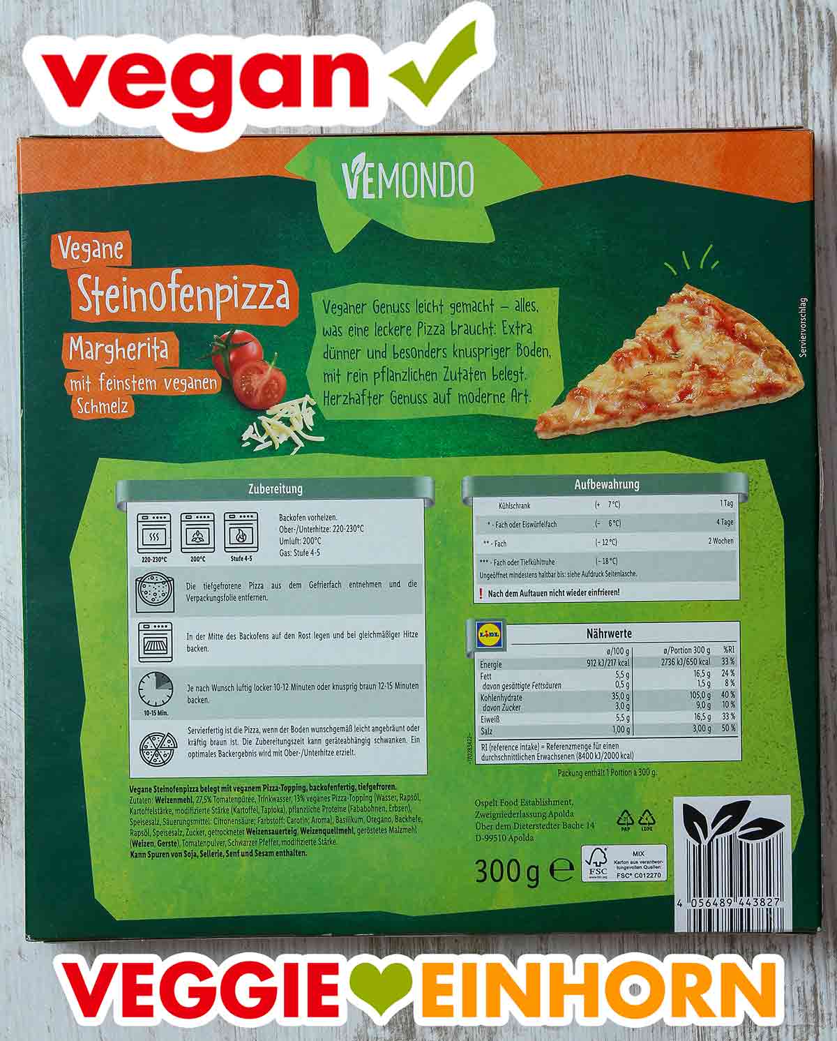 So sieht die Rückseite der Verpackung aus. Rückseite der Packung Lidl Vegane Pizza Margherita