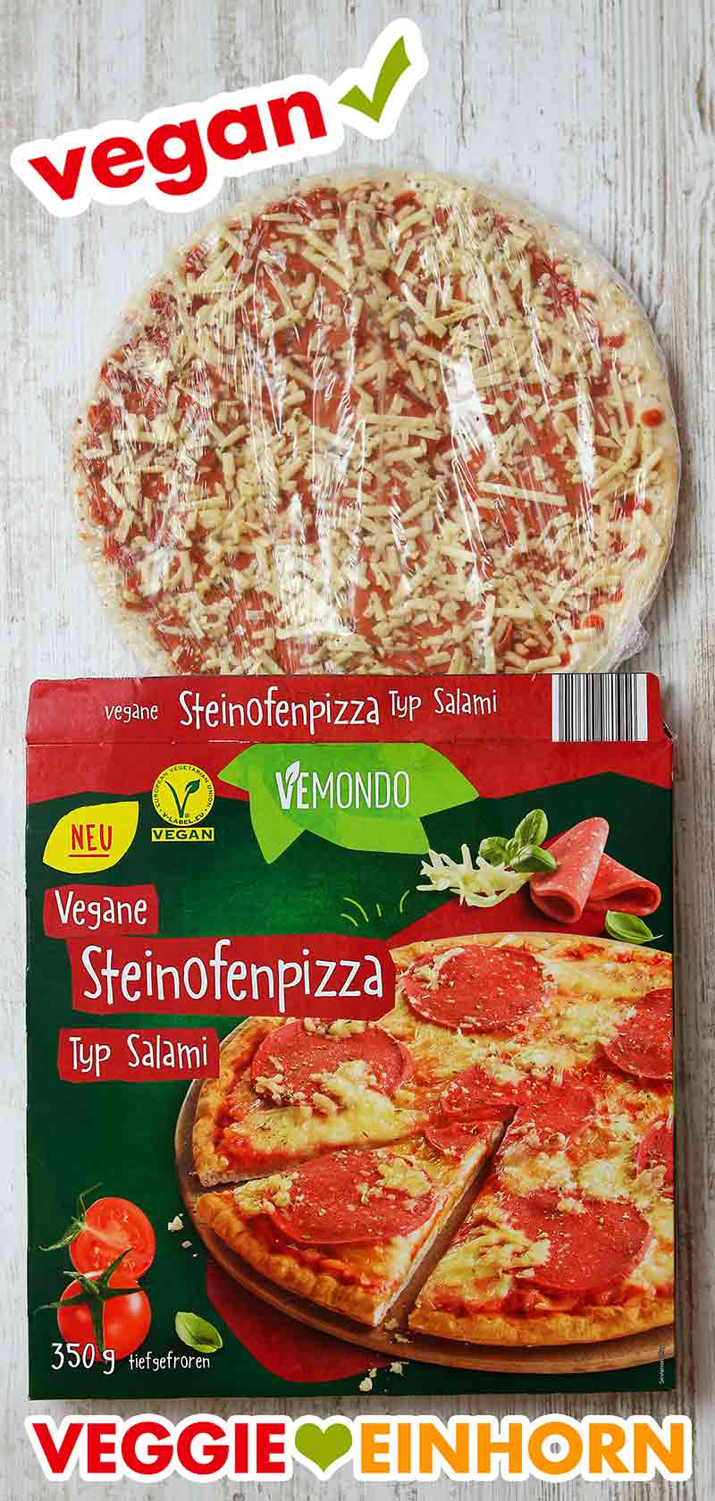 Die vegane Salami Pizza von Vemondo ist in Folie und Pappe verpackt. Vegane Pizza Salami von Lidl in der Packung