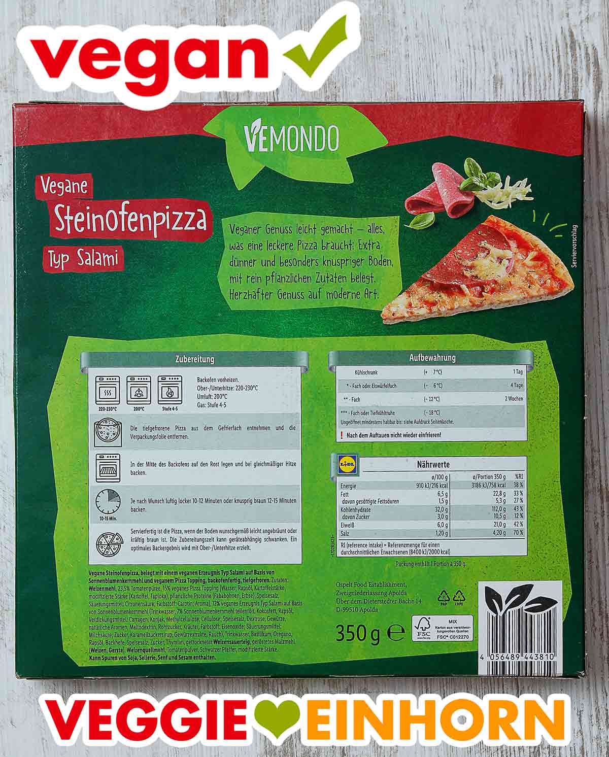 Die Rückseite der Verpackung der veganen Pizza Salami von Vemondo. Rückseite der Packung der veganen Salami Pizza von Lidl