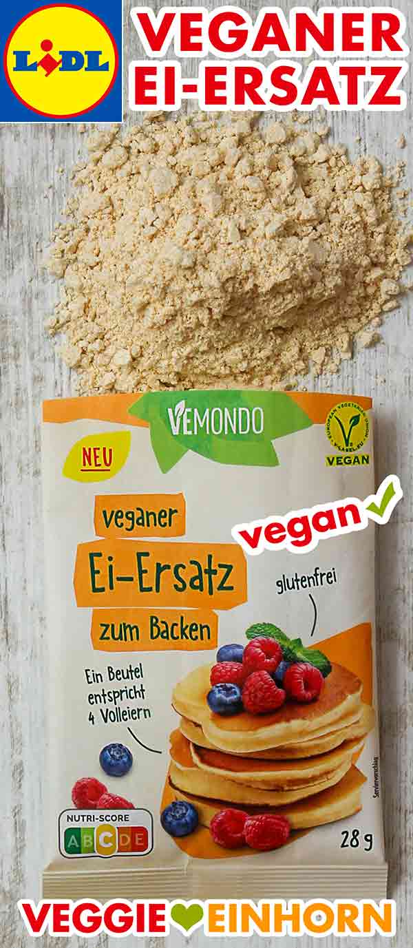 Der vegane Ei-Ersatz von Lidl enthält Stärke und Kichererbsenmehl. Ein Häufchen Ei-Ersatz Pulver von Lidl und das geöffnete Päckchen
