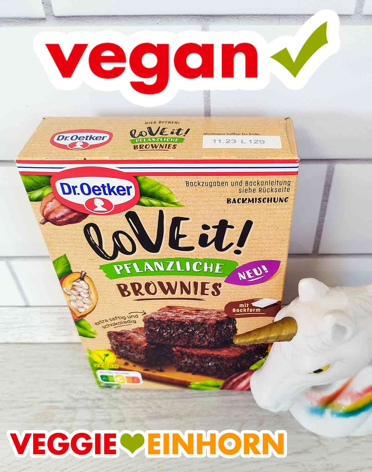 Dr. Oetker LoVE it! Pflanzliche Brownies Backmischung Verpackung der veganen Brownies Backmischung von Dr. Oetker LoVE it!