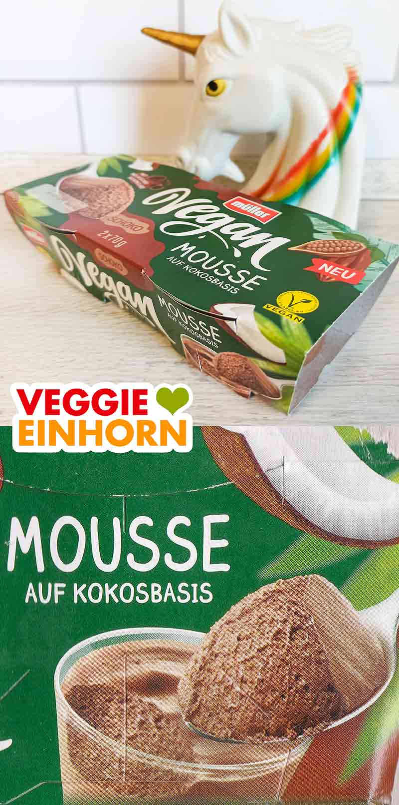 Die vegane Mousse au Chocolat von Müller Milch ist auf Basis von Kokos. Eine Packung veganes Schoko Mousse von Müller
