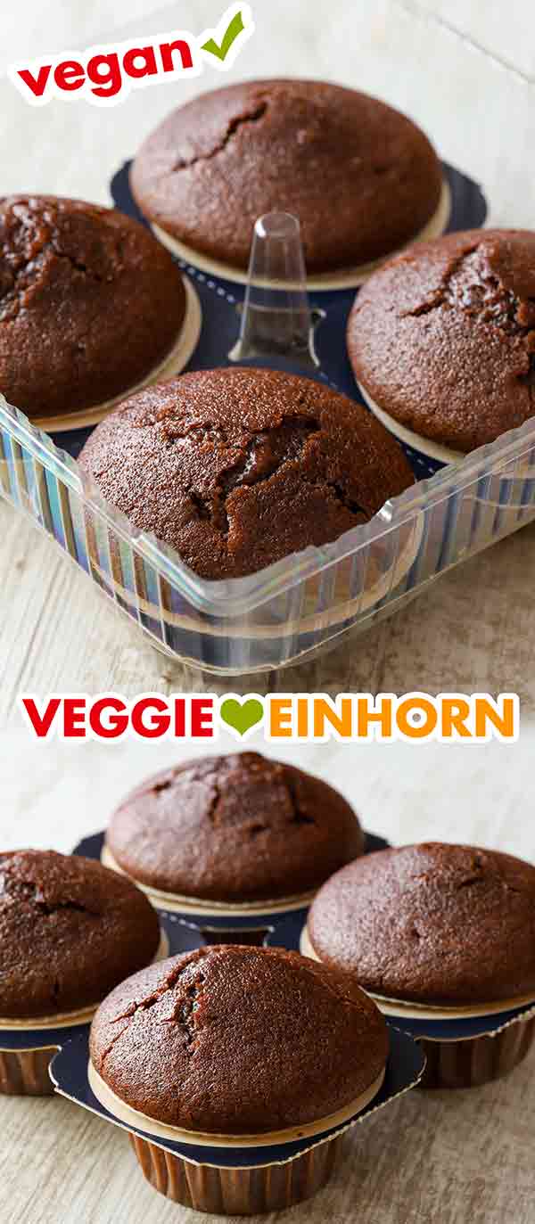 In der Packung sind vier vegane Schokomuffins. Muffin Verpackung mit 4 Muffins