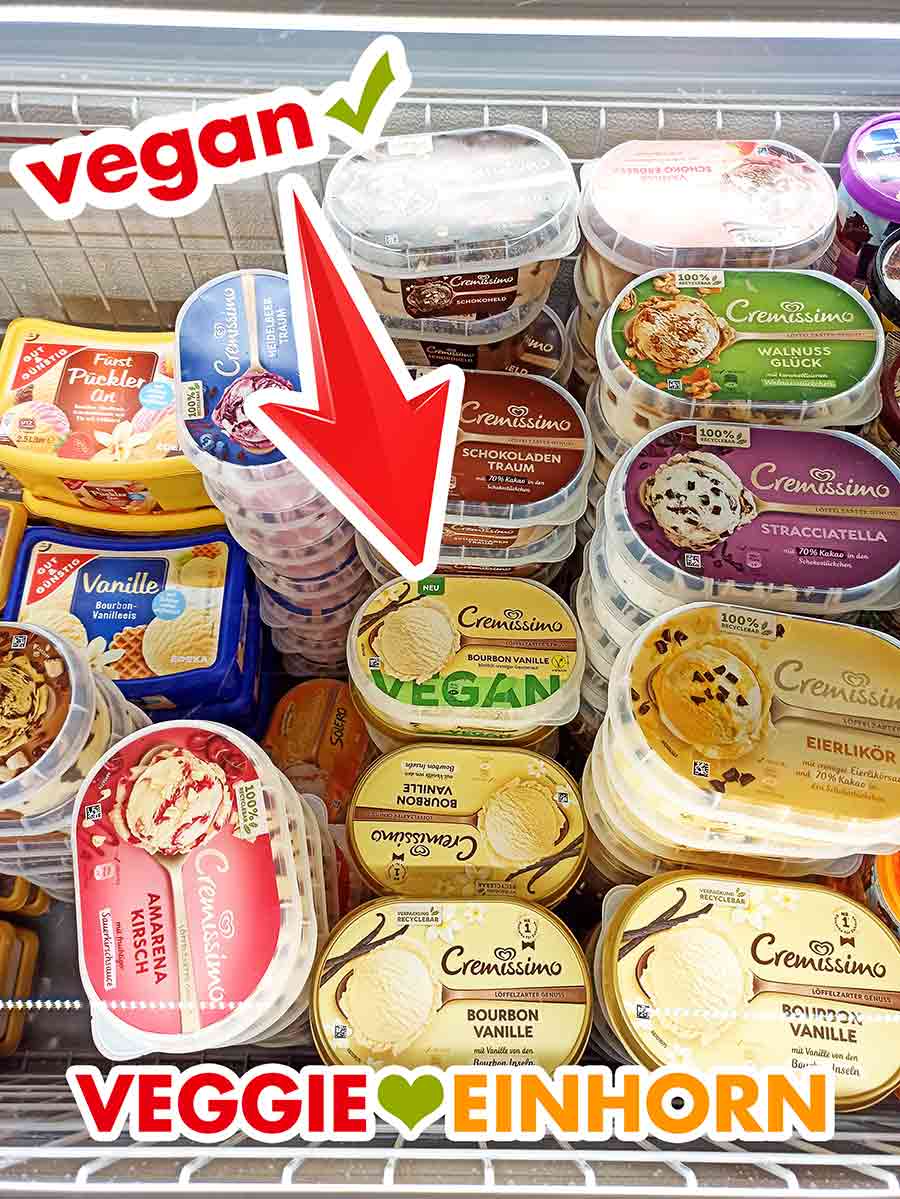 Tiefkühltruhe bei Edeka mit verschiedenen Eiscremes Das vegane Vanilleeis von Cremissimo in der Kühltruhe im Supermarkt