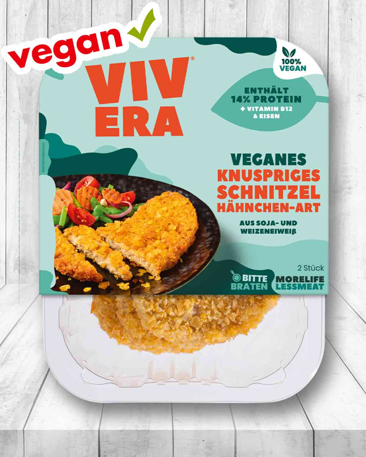 Die veganen Hähnchenschnitzel von Vivera sind aus Soja- und Weizeneiweiß. Vivera Schnitzel