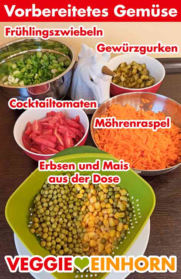 Das Gemüse für den Nudelsalat ist fertig vorbereitet. Fertig vorbereitetes Gemüse