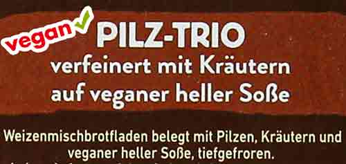 Weizenmischbrotfladen belegt mit Pilzen, Kräutern und veganer heller Soße, tiefgefroren. Weizenmischbrotfladen belegt mit Pilzen, Kräutern und veganer heller Soße, tiefgefroren.