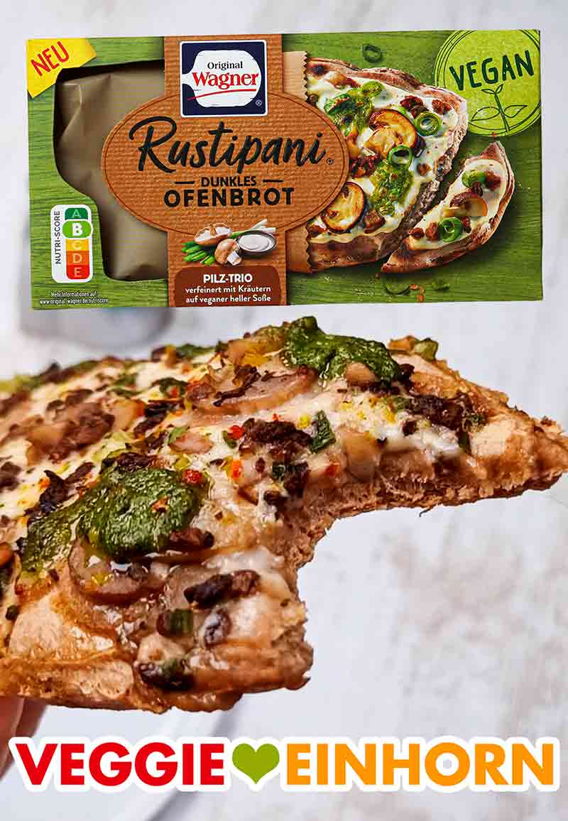 So sieht das vegane Rustipani angebissen aus. Ein angebissenes Rustipani mit Pilzen.
