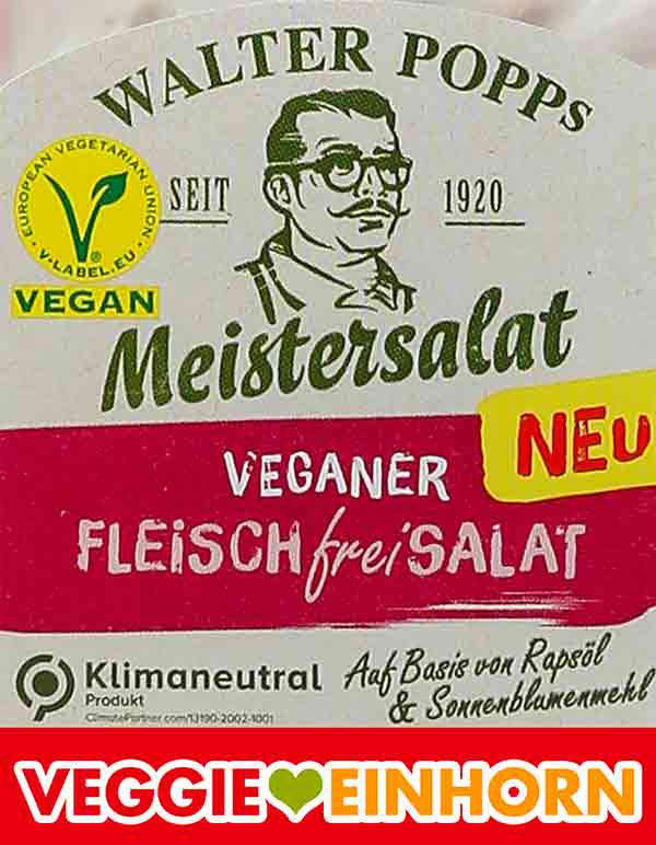 Auf der Packung ist ein veganes V-Label. Walter Popp Veganer Fleischfreisalat