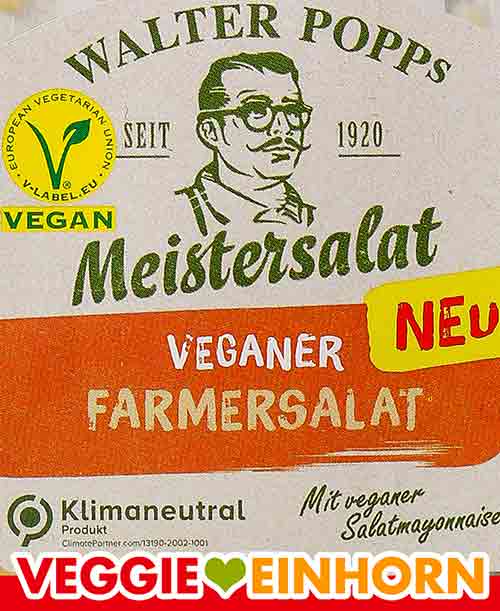 Auf der Packung des veganen Farmersalates von Popp ist ein V-Label. Veganes V-Label auf dem Farmersalat von Popp Feinkost
