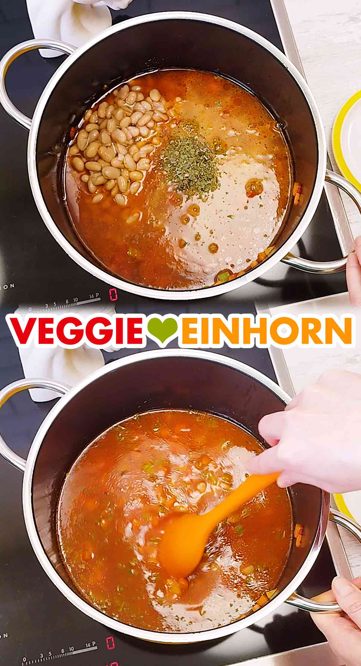 Die Zutaten für Pasta e Fagioli werden im Topf umgerührt. Zutaten für Pasta e Fagioli im Topf