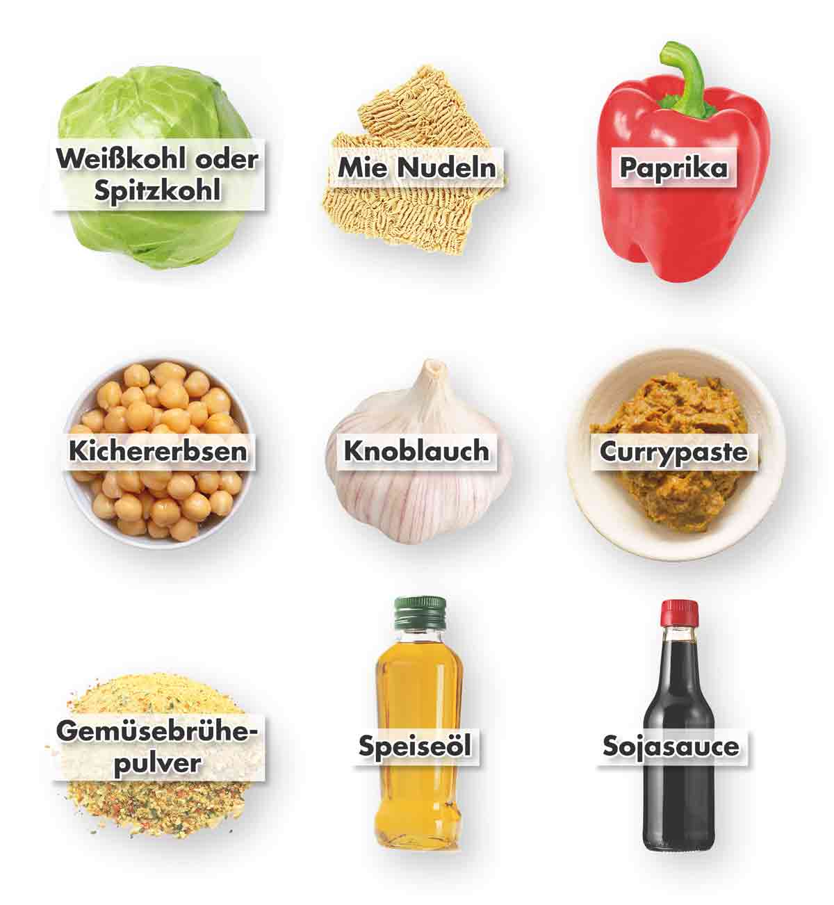 Weißkohl oder Spitzkohl, Mie Nudeln ohne Ei, Paprika, Kichererbsen, Knoblauch, vegane Currypaste, Gemüsebrühe Pulver, Öl, Sojasauce Zutaten für vegane Asia-Nudelpfanne mit Weißkohl, Paprika und Kichererbsen