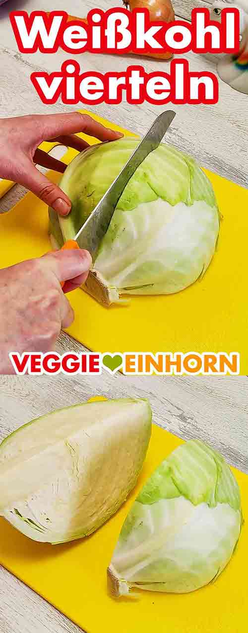 Vierteln des Weißkohls Weißkohl wird in Viertel geschnitten
