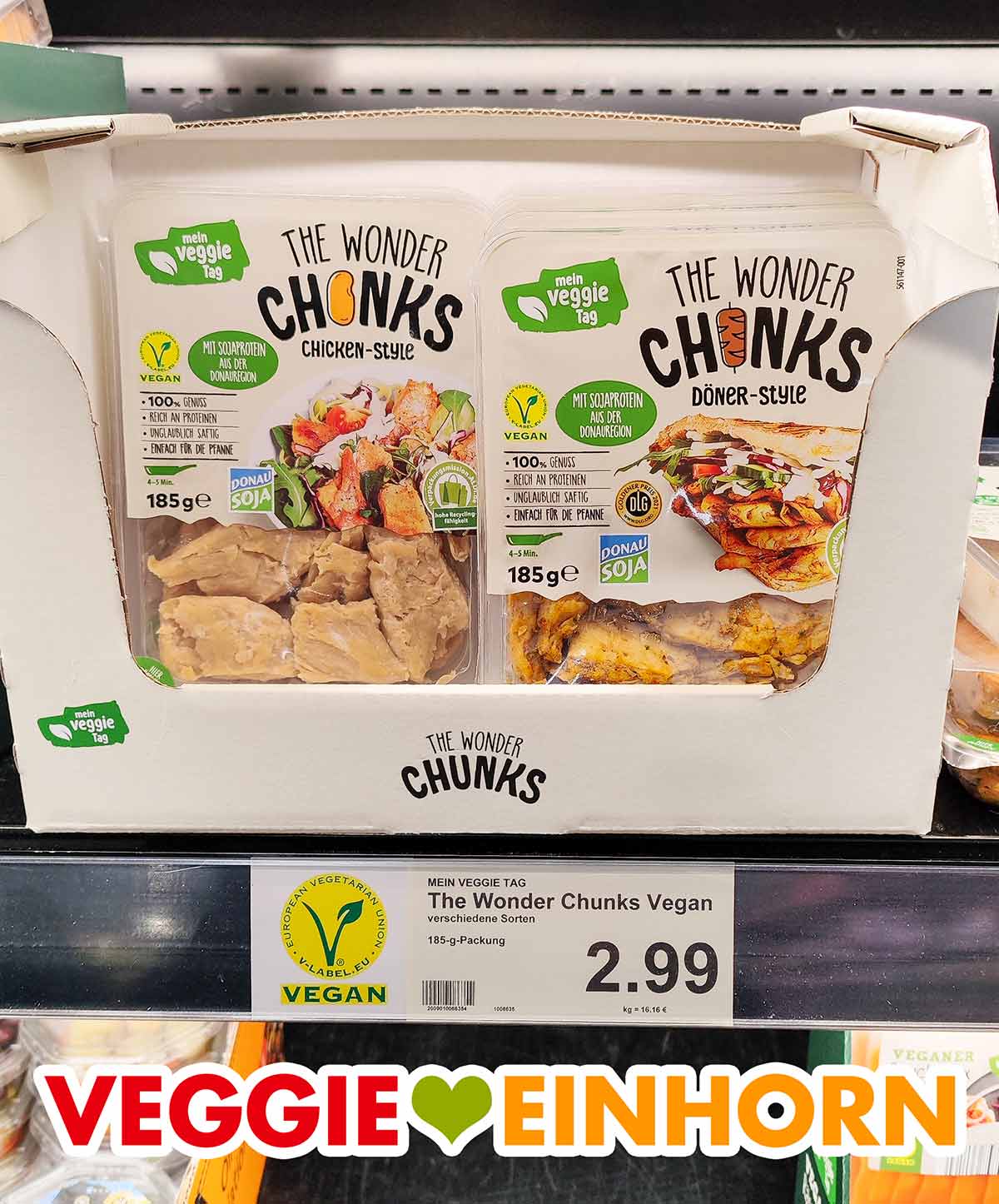 Die veganen Wonder Chunks von Aldi gibt es in den Sorten Chicken und Döner. The Wonder Chunks von mein Veggie Tag im Kühlregal bei ALDI